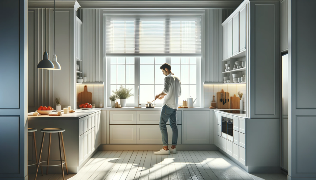 A man cooking in a white kitchen with a background of large windows with white roller blinds. The kitchen has a sleek, modern design with white cabine