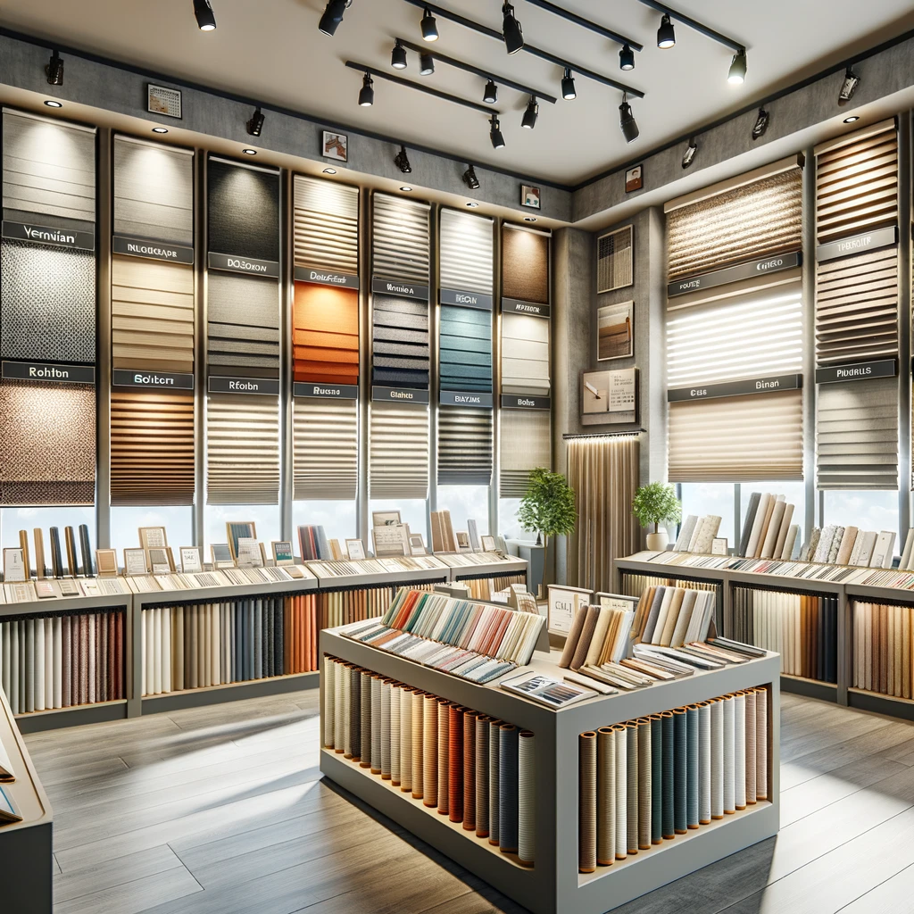 A blind store interior showcasing various types of window blinds. The store is well-organized and features displays of different styles of blinds.