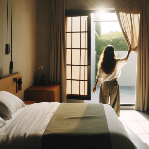 DALL·E 2024-01-16 15.09.38 - A Mexican girl opening the window in the morning in her minimalist bedroom. The girl is dressed in casual, comfortable morning attire, typical of Mexi