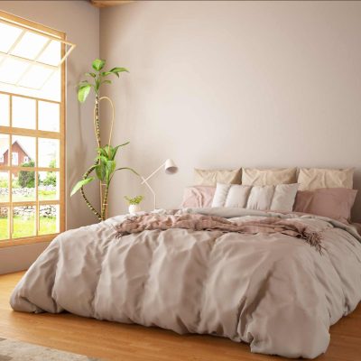 Recamara con cama queen size con pintura ivory y piso laminado